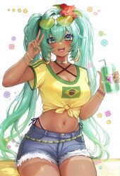  aqua_eyes aqua_hair blue_panties blue_shorts blush brazilian_flag brazilian_miku breasts can dark-skinned_female dark_skin drink_can fangs female flag_print flower green_nails hair_flower hair_ornament hatsune_miku highleg highleg_panties highres holding holding_can long_hair medium_breasts nail_polish open_mouth panties shirt shorts side-tie_panties smile soda_can solo tan tied_shirt tifa_(iluvei) twintails underwear vocaloid yellow_shirt 