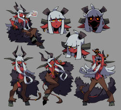  baphomet_(niking) bracelet colored_skin demon earrings female goat_legs gold highres horizontal_pupils horns jewelry long_hair long_pointy_ears mixed_horns multiple_horns multiple_views niking original pointy_ears red_skin tail topless very_long_hair white_hair yellow_eyes 