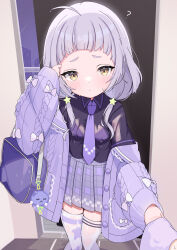  ? absurdres ahoge aran_sweater asymmetrical_legwear bag black_shirt blush bra cable_knit commentary female grey_hair hair_ornament highres hololive ichipon1515 indoors long_sleeves looking_at_viewer low_twintails mismatched_legwear murasaki_shion murasaki_shion_(school_uniform) necktie official_alternate_costume open_door pleated_skirt purple_bra purple_necktie purple_skirt school_bag see-through see-through_shirt shirt shoulder_bag skirt solo star_(symbol) star_hair_ornament sweater symbol-only_commentary thighhighs twintails underwear virtual_youtuber wet wet_clothes wet_hair white_thighhighs yellow_eyes zettai_ryouiki 