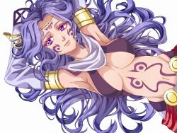  armpits blue_hair breasts circlet cleavage commentary curtained_hair detached_sleeves eyelashes facial_tattoo female floating_hair hair_spread_out highres large_breasts long_hair lying mixed-language_commentary navel on_back purple_eyes purple_hair scarf sideboob simple_background sleeves_past_wrists solo spoilers stomach_tattoo tattoo tia_(ys) tialuna_(ys) wavy_hair white_background ys ys_seven yuzukiyo 