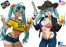  2girls absurdres american_flag american_flag_bikini american_flag_print aqua_eyes aqua_hair bare_shoulders beer_mug bikini bikini_top_only braid brazilian_flag brazilian_miku cleavage_cutout clothing_cutout cowboy_hat cowboy_shot crop_top cup cutoffs denim denim_shorts dual_persona flag_print gun hair_between_eyes handgun hat hatsune_miku highleg highleg_bikini highres holding holding_cup looking_at_viewer mug multiple_girls navel open_mouth print_bikini shirt short_shorts shorts sidelocks simple_background smile swimsuit t-works tan tanlines tied_shirt twin_braids virtual_youtuber vocaloid w weapon white_background 