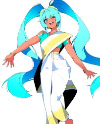  absurdres alternate_costume aqua_eyes aqua_hair aqua_shirt archives.gokulism bracelet bright_pupils cropped_shirt feet_out_of_frame female hatsune_miku highres jewelry long_hair looking_at_viewer midriff multiple_bracelets one_eye_closed pants shadow shirt short_sleeves simple_background solo twintails very_long_hair vocaloid white_background white_pants white_pupils 