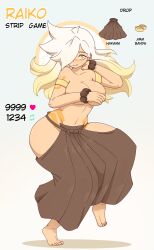  ? absurdres ahoge arm_behind_head armband bare_shoulders barefoot blonde_hair bracelet breasts character_name collarbone covering_breasts covering_privates earrings embarrassed female flying_sweatdrops full_body gradient_hair hakama heart highres hip_tattoo japanese_clothes jewelry large_breasts lieumare like_and_retweet long_hair looking_at_viewer meme multicolored_hair navel original pants raiko_(lieumare) simple_background smile spiked_hair standing standing_on_one_leg sweatdrop tattoo teeth topless twitter_strip_game_(meme) white_hair yellow_eyes 