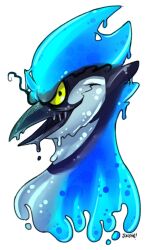  2022 anthro artist_name avian beak bird black_body black_eyebrows blue_body blue_jay bust_portrait colored corvid daub_(squeakycanine) digital_drawing_(artwork) digital_media_(artwork) evil_grin exclamation_point eyebrows goo_creature green_eyes grey_beak hi_res hybrid jay_(bird) jerichoe long_eyebrows looking_at_viewer male multicolored_body new_world_jay open_mouth open_smile oscine passerine portrait shaded simple_background smile smiling_at_viewer solo white_background 