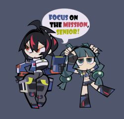  2girls android arms_up black_hair black_pants blue_hair breasts chibi crop_top elbow_gloves english_commentary english_text fingerless_gloves full_body gloves green_eyes hair_between_eyes hand_on_own_hip hillmyna holding large_breasts long_hair multicolored_hair multiple_girls pants parody parted_lips ponytail qingyi_(zenless_zone_zero) red_eyes red_hair short_shorts shorts simple_background speech_bubble standing style_parody twintails zenless_zone_zero zhu_yuan 