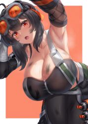  absurdres ahoge arm_up armpits black_hair black_pants black_sports_bra border breasts collarbone danndy detached_sleeves dirty dirty_clothes dirty_face english_commentary female goggles goggles_on_head grace_howard hair_between_eyes highres huge_breasts looking_at_viewer open_mouth orange-tinted_eyewear orange_background outside_border paid_reward_available pants red_eyes solo sports_bra steaming_body tinted_eyewear white_border zenless_zone_zero 