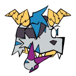  1_eye 2_horns 3_claws animal_skin anthro bandai_namco blue_body blue_fur claws digimon digimon_(species) eye_patch eye_patch_only eye_scar eyebrows eyewear facial_scar fur gabumon garabumon horn knil_(artist) male multicolored_body multicolored_fur purple_claws raised_eyebrow raised_eyebrows scales scalie scar solo spiral_horn striped_body striped_fur stripes thinking thinking_emoji two_tone_body two_tone_fur white_body white_eyes white_fur yellow_body yellow_scales 