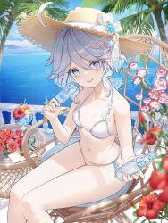  :p ahoge bikini blue_eyes blue_hair blue_pupils blush chair commentary_request day drop-shaped_pupils feet_out_of_frame female flower food from_side furina_(genshin_impact) genshin_impact hair_between_eyes hat hat_ribbon heterochromia highres holding holding_food holding_glass_bottle holding_popsicle hydro_symbol_(genshin_impact) letter light_blue_hair looking_at_viewer lumitoile_(genshin_impact) multicolored_hair navel outdoors palm_tree panties popsicle red_flower ribbon short_hair_with_long_locks sitting solo stomach straw_hat streaked_hair swimsuit sylpi symbol-shaped_pupils tongue tongue_out tree twitter_username underwear vision_(genshin_impact) white_bikini white_flower white_hair white_panties white_ribbon 