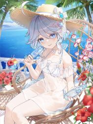  :p ahoge bikini blue_eyes blue_hair blue_pupils blush chair commentary_request day dress drop-shaped_pupils feet_out_of_frame female flower food from_side furina_(genshin_impact) genshin_impact hair_between_eyes hat hat_ribbon heterochromia highres holding holding_food holding_glass_bottle holding_popsicle hydro_symbol_(genshin_impact) letter light_blue_hair looking_at_viewer lumitoile_(genshin_impact) multicolored_hair navel off-shoulder_dress off_shoulder outdoors palm_tree panties popsicle red_flower ribbon see-through see-through_dress short_hair_with_long_locks sitting solo stomach straw_hat streaked_hair swimsuit sylpi symbol-shaped_pupils tongue tongue_out tree twitter_username underwear vision_(genshin_impact) white_bikini white_flower white_hair white_panties white_ribbon 