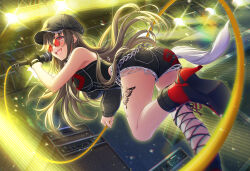  :d absurdres bare_arms black_footwear black_gloves black_hat black_shorts boots brown_hair butterfly_tattoo d4dj date-chan_(d4dj) female floating_hair from_below gloves hat high_heel_boots high_heels highres idol leg_tattoo long_hair long_sleeves music official_art open_mouth red-tinted_eyewear red_eyes round_eyewear short_shorts shorts singing single_glove single_sleeve smile solo straight_hair sunglasses tattoo tinted_eyewear torn_clothes torn_shorts very_long_hair 