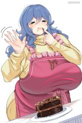  alternate_body_size alternate_breast_size apron artist_name blue_hair blue_nails blush breasts cake chocolate_cake cowboy_shot dress fairy_tail female food hair_between_eyes half-closed_eyes highres huge_breasts juvia_lockser long_hair long_sleeves noiretox open_hand open_mouth pink_apron plate simple_background solo tareme waving white_background yellow_dress 