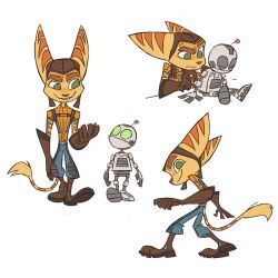  2024 anthro belt boots brown_stripes clank_(ratchet_and_clank) closed_eyes clothing duo eyebrows footwear fur gexu00 gloves green_eyes handwear headgear headwear hi_res lombax machine male mammal ratchet_(ratchet_and_clank) ratchet_and_clank robot shoes sitting smile sony_corporation sony_interactive_entertainment stripes tail tail_tuft tuft yellow_body yellow_fur 