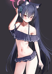  absurdres animal_ear_fluff animal_ears bare_arms bare_legs bare_shoulders bikini black_bikini black_hair blue_archive blush breasts cat_ears cleavage closed_mouth cowboy_shot extra_ears female frilled_bikini frills groin hair_between_eyes halo highres long_hair looking_at_viewer mochini navel official_alternate_costume pink_halo red_eyes serika_(blue_archive) serika_(swimsuit)_(blue_archive) small_breasts solo swimsuit twintails 