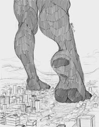  2020 ambiguous_gender anthro big_feet biped building building_destruction canid canine canis city city_destruction claws cloud destroyed_building destruction feet foot_focus fur giga greyscale hi_res humanoid_feet kara_(karawuff) landscape_dwarfing macro mammal monochrome mountain outside pawpads paws perenthis plantigrade raised_heel rear_view sky skyscraper soles solo standing_on_toes stomping toe_claws walking wolf wrinkled_feet wrinkles 