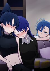  3girls ado_(utaite) ahoge atashi_wa_mondaisaku black_shirt black_sweater blue_eyes blue_hair blush breasts closed_eyes cloud_nine_inc collared_shirt commentary_request crop_top drunk earclip highres indoors long_hair medium_breasts merry_(ado) midriff multiple_girls naima_(ado) nori_(norinori_yrl) open_mouth parted_bangs ponytail readymade_(ado) shirt sleeping sleeping_on_person sleeves_past_elbows strong_zero sweater tanaka_keiko_(ado) usseewa white_shirt 