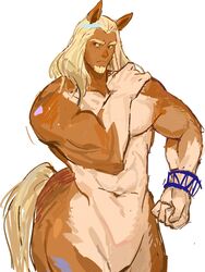  1boy absurdres animal_ears centaur clenched_hand closed_mouth cloud_meadow colored_skin cowboy_shot facial_hair freckles goatee hand_on_own_shoulder highres horse_ears hqzt22340256 long_hair looking_to_the_side male_focus monster_boy multicolored_skin muscular muscular_male navel simple_background solo tail taur white_background 