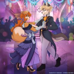  1:1 2024 anthro ballroom big_breasts black_nose blonde_hair blush breasts canid canine canis clothed clothing collaboration dancing dipstick_tail domestic_dog drayven_alder duo_focus female footwear group hair hi_res high_heels kibbles_(uberquest) male male/female mammal markings phuufy skidd tail tail_markings text uberquest url wolf 