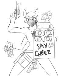  anthro clitoral_hood explosives face_mask gemini_the_sergal grenade gun holding_object looking_at_viewer male mask monochrome multi_arm multi_limb prehensile_clitoral_hood ranged_weapon riot_shield shield solo taking_picture tentacle topazknight weapon 