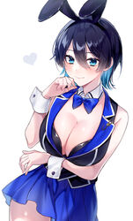  akikuriii animal_ears arm_under_breasts black_hair black_thighhighs blue_eyes blue_hair blue_skirt breasts bunny_garden cleavage cowboy_shot fake_animal_ears female green_eyes heart highres large_breasts looking_at_viewer miuka_(bunny_garden) multicolored_hair nontraditional_playboy_bunny panties pleated_skirt rabbit_ears short_hair signature simple_background skirt solo thighhighs thighs two-tone_hair underwear white_background white_panties 