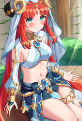  aqua_eyes blue_skirt blush breasts brooch commentary crop_top female genshin_impact highres jewelry long_hair looking_at_viewer midriff mikoto_(0709mikoto) navel neck_ring nilou_(genshin_impact) red_hair sitting skirt small_breasts smile solo stomach thighlet thighs veil very_long_hair 