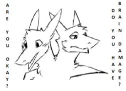  anthro dialogue duo gemini_the_sergal looking_down low_res male male/male meme monochrome multi_head multi_limb question question_mark sergal shape_shifter topazknight 