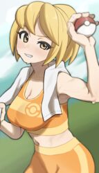  battle_girl_(pokemon) bike_shorts blonde_hair blush breasts cleavage commentary_request female fujinari grin highres holding holding_poke_ball holding_towel navel orange_sports_bra poke_ball poke_ball_(basic) pokemon pokemon_dppt ponytail smile solo sports_bra sweat teeth towel towel_around_neck white_towel yellow_eyes 