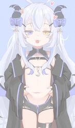  absurdres akugaki_koa belly_grab bikini black_coat black_shorts blue_background blue_bow blue_trim boresama bow buckle chest_belt coat cowboy_shot demon_girl demon_horns demon_wings diamond-shaped_pupils diamond_(shape) female grey_hair hashtag-only_commentary heart heart-shaped_buckle heterochromia highleg highleg_panties highres horn_bow horn_ornament horns idol_corp long_hair looking_at_viewer micro_shorts navel oerba_yun_fang off_shoulder panties pastel_colors pinching shorts shrug_(clothing) skin_fang skindentation solo swimsuit symbol-shaped_pupils thigh_strap tongue tongue_out torn_clothes torn_shorts underwear virtual_youtuber white_bikini wings 