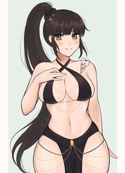  artist_name black_hair breasts chains criss-cross_halter eve_(stellar_blade) female gold_chain halterneck highres long_hair looking_at_viewer medium_breasts meme_attire navel pelvis purrlucii smile solo stellar_blade very_long_hair yomorio_lingerie 