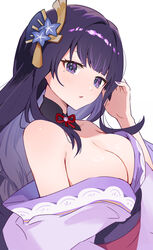  bare_shoulders blunt_bangs braid breasts cleavage enipa_28 female genshin_impact hair_ornament hand_up highres japanese_clothes large_breasts long_hair looking_at_viewer looking_to_the_side mole mole_under_eye off_shoulder purple_eyes purple_hair purple_nails raiden_shogun simple_background single_braid solo white_background 