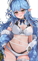  ahoge alternate_costume appleseed_(appleseed_art) bikini black_bikini blue_coat blue_hair blush breasts cameltoe cleavage coat collarbone elf female flower fur_trim hair_flower hair_ornament hat highres hololive large_breasts long_hair navel off_shoulder pointy_ears simple_background snow_print solo swimsuit thighs two-tone_bikini very_long_hair virtual_youtuber white_background white_bikini white_hat yellow_eyes yukihana_lamy 