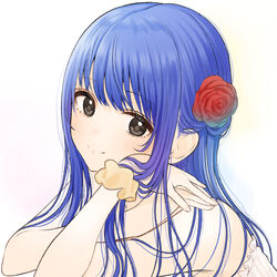  a_sore_pon_desu! bare_arms bare_shoulders blue_hair brown_scrunchie closed_mouth dress female flower hair_flower hair_ornament hands_up highres kentaurosu long_hair looking_at_viewer own_hands_together red_flower scrunchie simple_background smile solo strapless strapless_dress toukura_shiori upper_body white_background white_dress wrist_scrunchie 