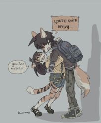  2024 anthro backpack bag_accessory biped canid canine clothing danniemang duo english_text female footwear fox hi_res linh_(danniemang) male mammal phong_(danniemang) shoes shoulder_bag slim_anthro slim_female slim_male speech_bubble text 