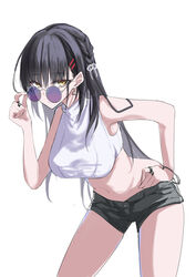  absurdres adjusting_eyewear alternate_costume bare_arms bespectacled black_hair black_shorts bracelet braid breasts cafe_stella_to_shinigami_no_chou closed_mouth commentary cowboy_shot crop_top curvy denim denim_shorts drop_earrings earrings eyelashes eyes_visible_through_hair female glasses hair_behind_ear hair_between_eyes hair_ornament hair_ribbon hairclip hand_on_own_hip hand_up highres jewelry large_breasts leaning_forward long_hair looking_at_viewer looking_over_eyewear mkn_yu mole mole_under_eye navel purple-tinted_eyewear ribbon ring round_eyewear shiki_natsume shirt short_shorts shorts side_braid sidelocks simple_background sleeveless sleeveless_shirt smile solo straight_hair sunglasses thighs tinted_eyewear triangle_earrings tsurime very_long_hair white_background white_ribbon white_shirt yellow_eyes 