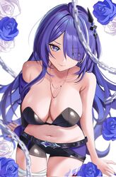  acheron_(honkai:_star_rail) adapted_costume alternate_costume armpit_crease bandaged_leg bandages bare_shoulders belt black_belt black_bra black_shorts blue_flower blue_rose bra breasts chains cleavage commentary eyes_visible_through_hair female flower hair_ornament hair_over_one_eye highres honkai:_star_rail honkai_(series) huge_breasts jewelry knees_out_of_frame leg_tattoo looking_at_viewer midriff multicolored_hair nail_polish navel necklace purple_eyes purple_hair purple_nails rose short_shorts shorts smile solo streaked_hair tattoo thighs underwear white_background white_flower white_rose y_osu 