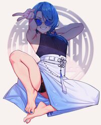  barefoot belt belt_buckle black_panties blue-tinted_eyewear blue_eyes blue_nails buckle chinese_clothes dress feet female highres hololive hoshimachi_suisei hoshimachi_suisei_(oriental_suit) long_hair looking_at_viewer nail_polish official_alternate_costume official_alternate_hairstyle panties rat_huang round_eyewear sitting smile solo sunglasses teeth tinted_eyewear toenail_polish toenails toes underwear variant_set virtual_youtuber white_belt 