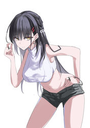  absurdres alternate_costume bare_arms black_hair black_shorts bracelet braid breasts cafe_stella_to_shinigami_no_chou closed_mouth commentary cowboy_shot crop_top curvy denim denim_shorts drop_earrings earrings eyelashes eyes_visible_through_hair female hair_behind_ear hair_between_eyes hair_ornament hair_ribbon hairclip hand_on_own_hip hand_up highres jewelry large_breasts leaning_forward long_hair looking_at_viewer md5_mismatch mkn_yu mole mole_under_eye navel ribbon ring shiki_natsume shirt short_shorts shorts side_braid sidelocks simple_background sleeveless sleeveless_shirt smile solo split_mouth straight_hair thighs triangle_earrings tsurime very_long_hair white_background white_ribbon white_shirt yellow_eyes 