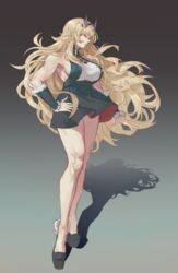  absurdres arm_at_side bare_legs bare_shoulders barghest_(fate) black_footwear black_shirt black_skirt black_sleeves blonde_hair breasts chinese_commentary cosplay detached_sleeves fate/grand_order fate_(series) female full_body fur-trimmed_sleeves fur_trim gradient_background grey_background hand_on_own_hip high-waist_skirt highres horns large_breasts long_hair long_sleeves looking_at_viewer looking_to_the_side mikmiki miniskirt muscular muscular_female platform_footwear profile red_eyes shadow shirt sideboob skirt sleeveless sleeveless_shirt solo standing toned_female turtleneck turtleneck_shirt very_long_hair white_shirt yang_guifei_(fate) yang_guifei_(fate)_(cosplay) 