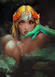  absurdres asymmetrical_arms blonde_hair completely_nude eyelashes female green_eyes hades_(series) hades_2 heterochromia highres laurel_crown melinoe_(hades) mismatched_sclera nude onsen partially_submerged red_eyes see-through_body short_hair skeletal_arm solo steam upper_body wanda_(wandakun) water 