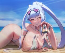  beach beer_can bikini blue_hair blush breast_rest breasts can cleavage collarbone drink_can female grin halterneck heart heart-shaped_eyewear highleg highleg_bikini highres hraesvelgr_(last_origin) huge_breasts hungr_(nyanom) large_breasts last_origin long_hair lying ocean official_alternate_costume on_side orange_eyes ponytail sidelocks sky smile solo swimsuit tinted_eyewear very_long_hair wide_hips 