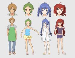  1boy 3girls :d adachi_tenka adachi_tenka_(cosplay) ahoge alternate_costume apron blue_camisole blue_eyes blue_hair blue_pants blue_shorts braid brown_hair camisole commentary_request contemporary cosplay denim denim_shorts dress eris_greyrat full_body green_apron green_eyes green_hair grey_shirt hair_bobbles hair_ornament highres komako_semenovich komako_semenovich_(cosplay) long_hair multiple_girls mushoku_tensei off-shoulder_shirt off_shoulder one_side_up pants red_eyes red_hair roxy_migurdia rudeus_greyrat sandals sayama_chie sayama_chie_(cosplay) shirt short_hair short_sleeves shorts shoujo_ramune skirt smile spanish_commentary sylphiette_(mushoku_tensei) toes twin_braids white_dress yamahak9 yellow_skirt 