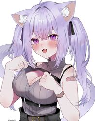  ahoge animal_ears bandaid bandaid_on_shoulder breasts cat_ears cat_tail cleavage_cutout clothing_cutout fangs female highres hololive large_breasts long_hair mofumin nekomata_okayu nekomata_okayu_(8th_costume) purple_eyes purple_hair ribbed_shirt shirt shirt_tug tail twintails twitter_username virtual_youtuber white_background 