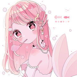  blowing_bubbles blush bubble_pipe commentary detached_collar ear_piercing earrings female fins fish fish_skeleton fish_tail from_side half_updo jewelry long_hair looking_at_viewer looking_back mermaid monster_girl nagihoko necklace original pearl_earrings pearl_necklace piercing pink_eyes pink_hair pink_theme starfish_earrings tail 