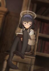  absurdres averting_eyes black_hair black_pantyhose blue_archive blue_eyes blush book bookshelf cardigan chair feet female full_body glasses halo headband highres indoors knees_up library long_hair pantyhose round_eyewear sitting soles solo toes ui_(blue_archive) youyueyue 