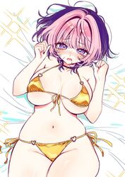  ahoge akiyama_enma alternate_costume bare_shoulders bikini blush breasts cleavage collarbone female gold_bikini hair_intakes halterneck highres large_breasts lying multicolored_hair navel noa-senpai_wa_tomodachi. on_back open_mouth pink_eyes pink_hair purple_eyes saotome_noa satin_bikini shiny_swimsuit short_hair sideboob solo stomach string_bikini swimsuit thighs two-tone_hair underboob yellow_bikini 