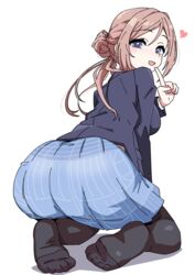  absurdres ass back_peek black_pantyhose blazer blue_skirt blush brown_hair female finger_to_mouth gakuen_idolmaster hair_bun hatsuboshi_gakuen_school_uniform heart highres himesaki_rinami idolmaster jacket kneeling long_hair long_sleeves looking_at_viewer looking_back midriff_peek ohgi910 pantyhose school_uniform simple_background single_side_bun skirt smile solo toes white_background 