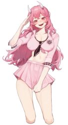  absurdres bad_id bad_pixiv_id black_necktie blush breasts cleavage collarbone collared_shirt covered_nipples cropped_legs fangs female hand_up highres horns large_breasts long_hair long_sleeves midriff miniskirt navel necktie nose_blush open_mouth original pink_eyes pink_hair pink_shirt pink_skirt raised_eyebrows salute shirt simple_background skirt skirt_tug sleeves_pushed_up smile solo tearing_up teeth tied_shirt tongue upper_teeth_only white_background yogu_(user_rxdx2445) 