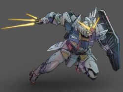  beam_saber beginning_gundam between_fingers glowing glowing_eye grey_background gundam gunpla_builders_beginning_g highres holding mecha mecha_kaku_man no_humans robot science_fiction shield v-fin 