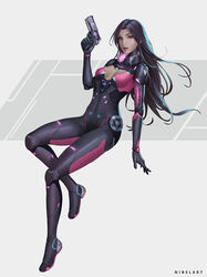  black_hair bodysuit breasts breasts_apart cleavage_cutout clothing_cutout commission cyborg female full_body gun highres holding holding_gun holding_weapon lips long_hair looking_at_viewer medium_breasts nibelart original parted_lips red_eyes science_fiction simple_background solo weapon 