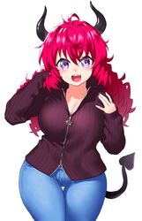  :d alma_(onsoku_inu) antenna_hair blue_pants breasts brown_jacket cleavage commentary_request cowboy_shot demon_horns demon_tail denim female hand_up hands_up horns huge_breasts jacket jeans long_hair looking_at_viewer onsoku_inu open_mouth original pants red_hair ribbed_jacket simple_background smile solo tail teeth thigh_gap upper_teeth_only white_background 