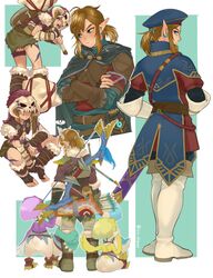  1boy 2girls :3 armor arrow_(projectile) artist_name barbarian_set_(zelda) beret bird_girl black_cape blonde_hair blue_eyes blue_headwear boots bow_(weapon) brown_gloves cape crossed_arms earrings feather_hair_ornament feathers from_behind full_body fur-trimmed_boots fur_trim gloves hair_ornament hands_up hat highres holding holding_weapon hood hooded_cape hylian_set_(zelda) ivy_(sena0119) jewelry kheel_(zelda) knee_boots kotts_(zelda) leather_armor link medium_hair multiple_girls multiple_views official_alternate_costume pointy_ears ponytail quiver rito royal_guard_set_(zelda) sheikah_slate shield short_ponytail sitting skull snowquill_set_(zelda) standing stomach sword the_legend_of_zelda the_legend_of_zelda:_breath_of_the_wild weapon weapon_on_back white_footwear white_gloves 